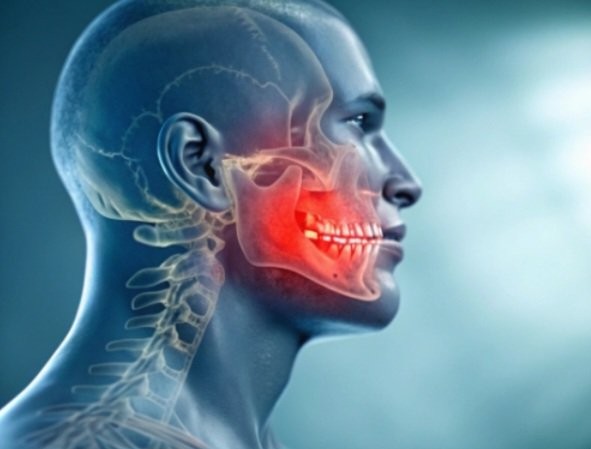 Illustration de profil montrant la mâchoire, ses articulations et les vertèbres du cou, avec la zone douloureuse en rouge